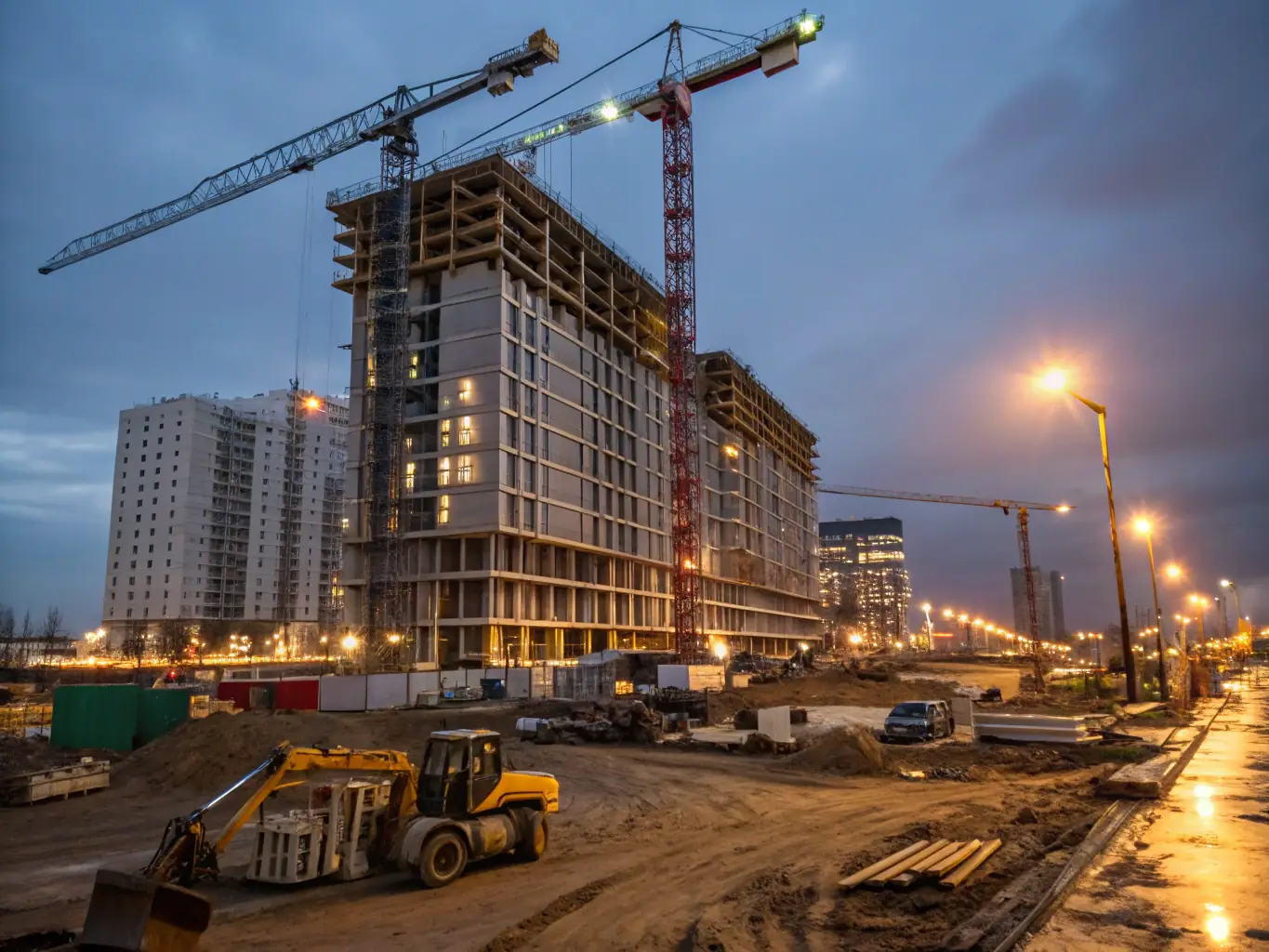 Imagen de un edificio residencial en construcción con grúas y trabajadores en acción, representando el servicio de construcción de viviendas de Batipro.es.